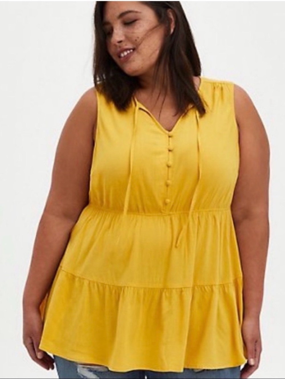 Torrid Mustard Yellow Tiered Button Front Tank
